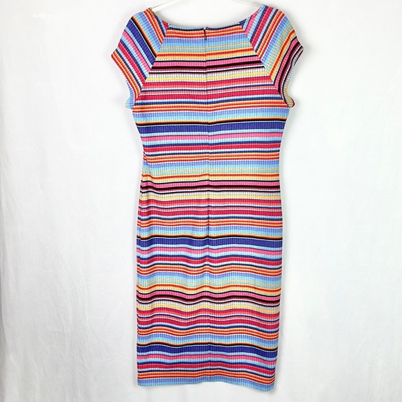 ECI |🌈👗Colorful Striped Cap Sleeves Bodycon Shift Style Dress - Picture 2 of 10